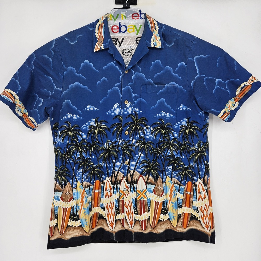 Vintage RJC Hawaiian Shirt‎ Mens Large Blue Floral Surf Boards AOP Short Sleeve